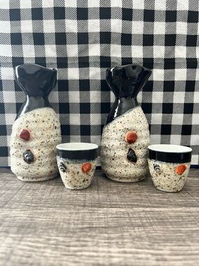 Handmade Ceramic Sake Set in Speckled White and Black with Orange Accents